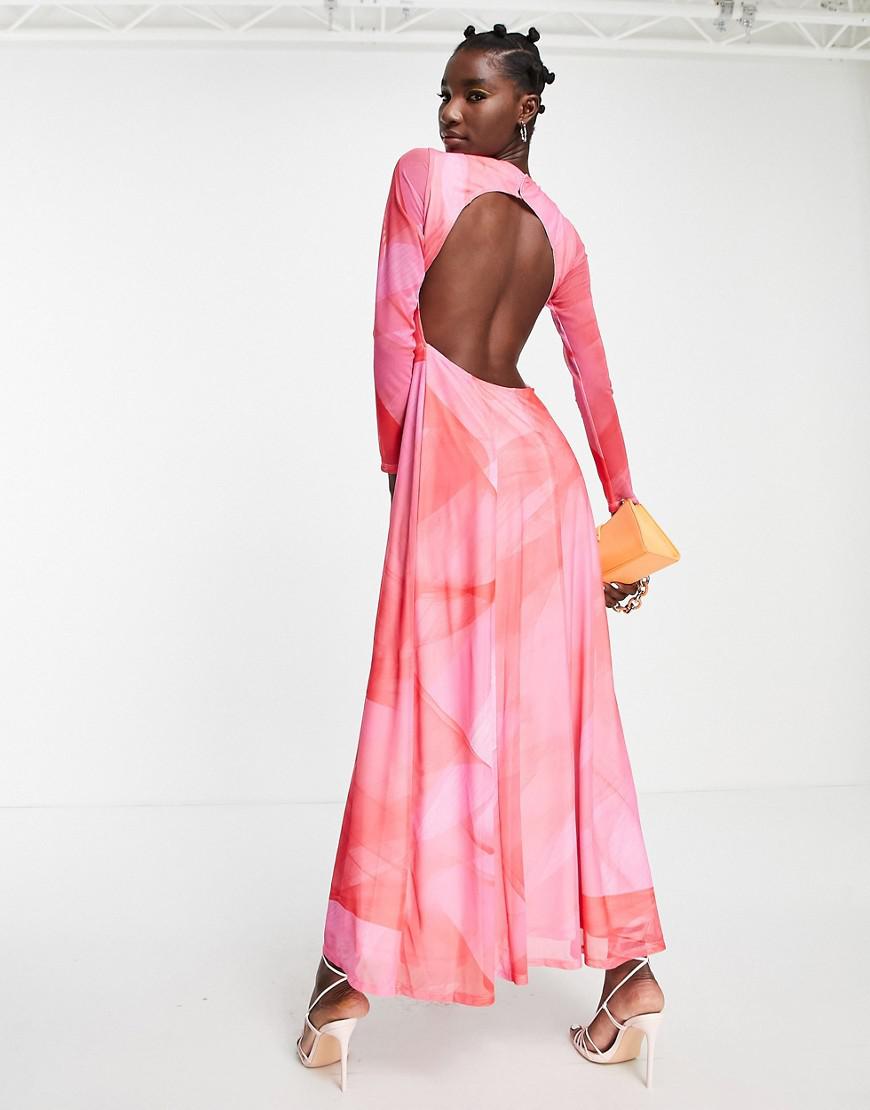 różowa szyfonowa maxi sukienka odkryte plecy