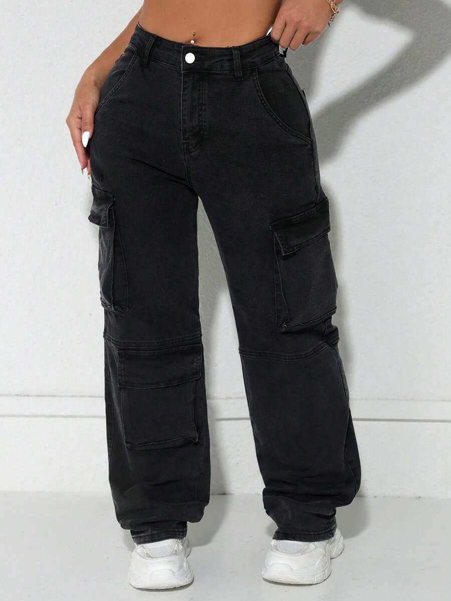 CZARNE SPODNIE JEANS CARGO