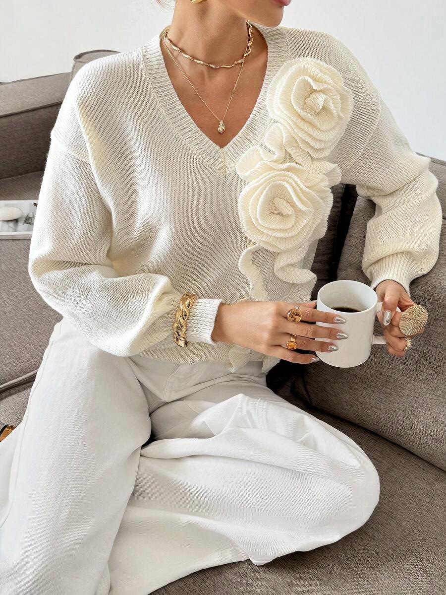 KREMOWY SWETER V NECK 