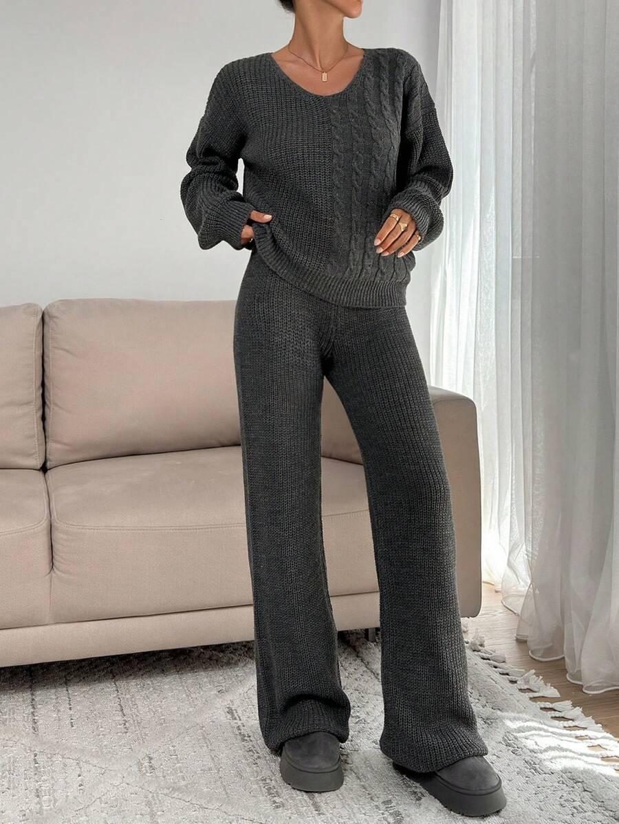 dzianinowy szary komplet sweter spodnie
