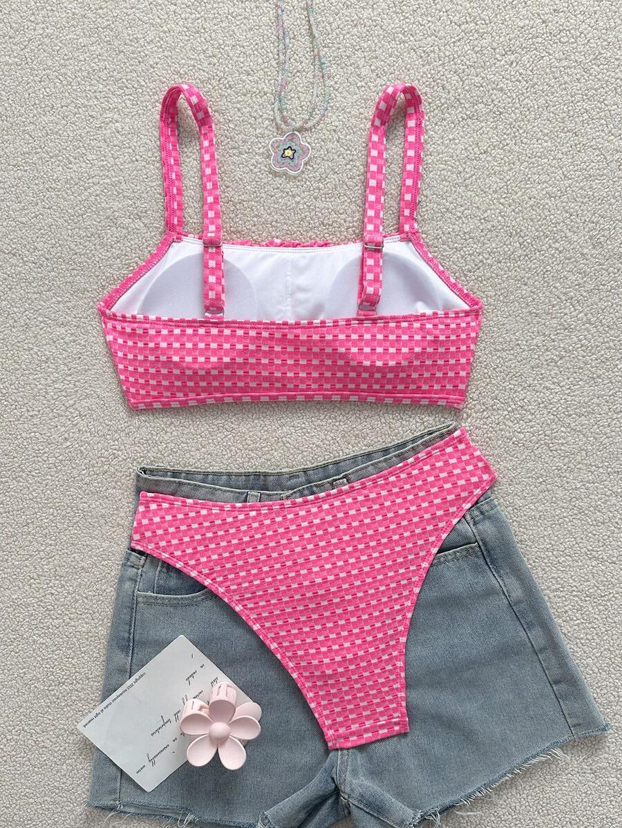 neonowy różowy komplet bikini kratka