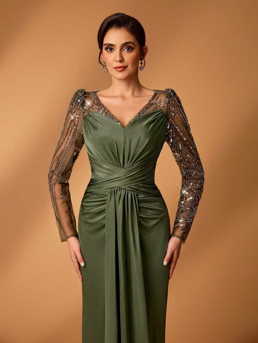 ZIELONA MAXI SUKIENKA V-NECK połysk