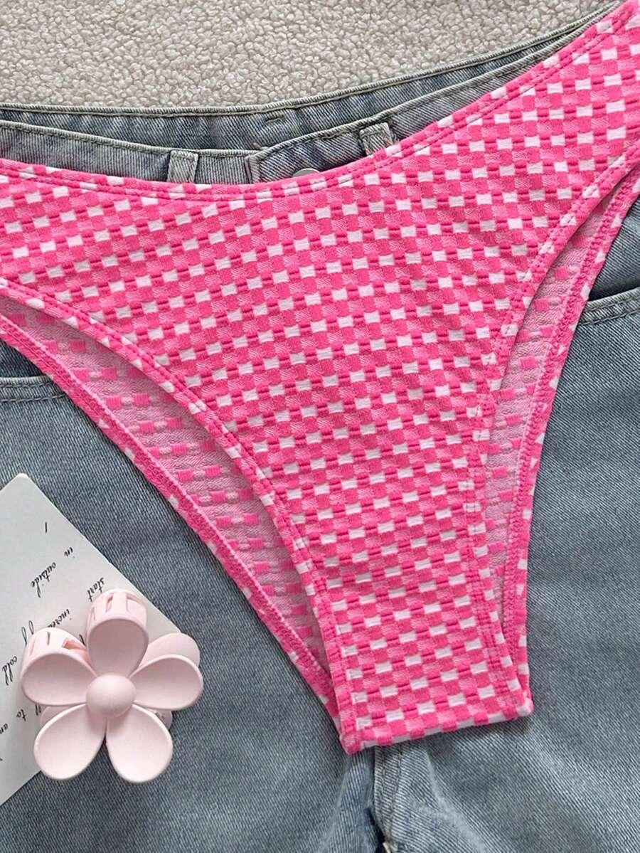 neonowy różowy komplet bikini kratka