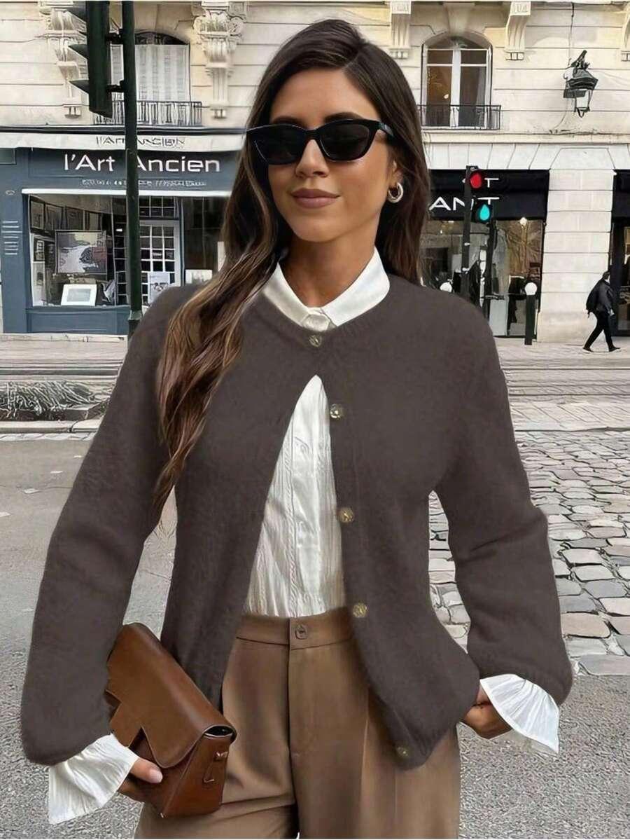 brązowy dzianinowy sweter guziki 