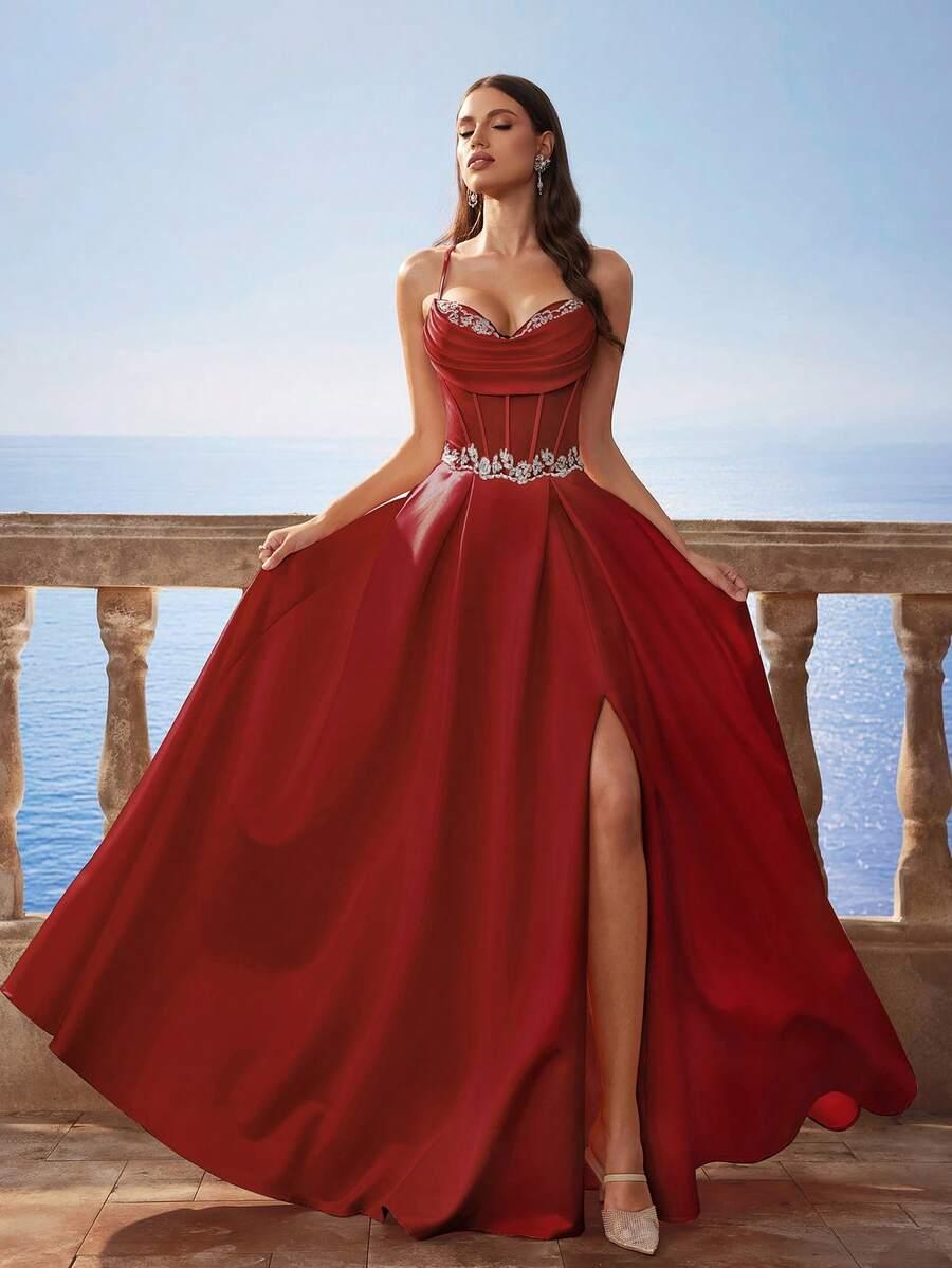 satynowa maxi sukienka rozcięcie zdobienia cross back