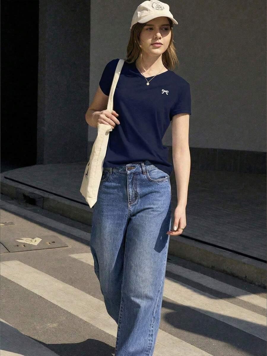 granatowa bluzka v-neck wzór print