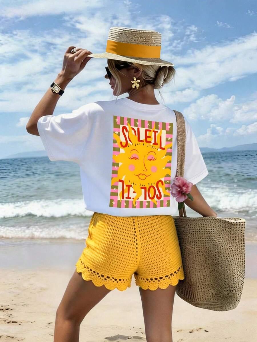 t-shirt okrągły dekolt nadruk 
