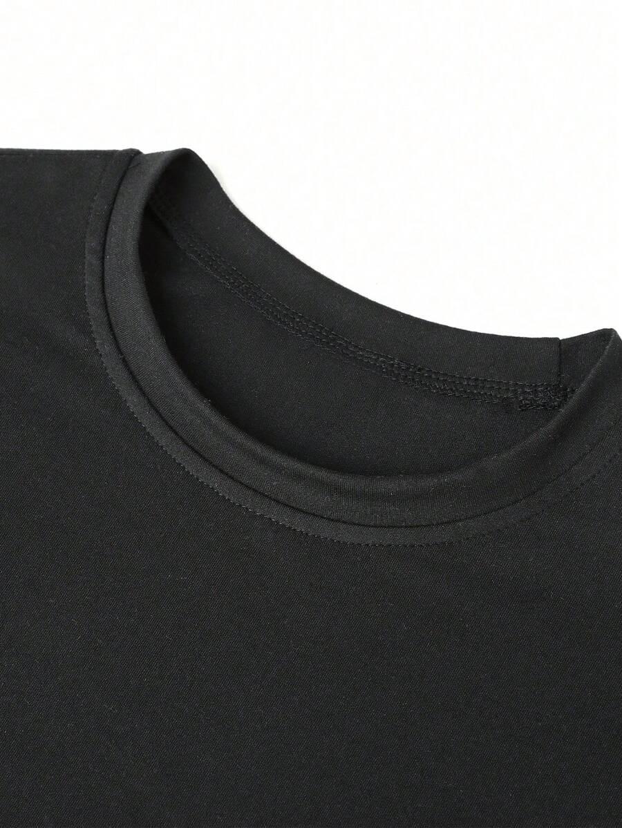 CZARNY T-SHIRT PRINT OKRĄGŁY DEKOLT