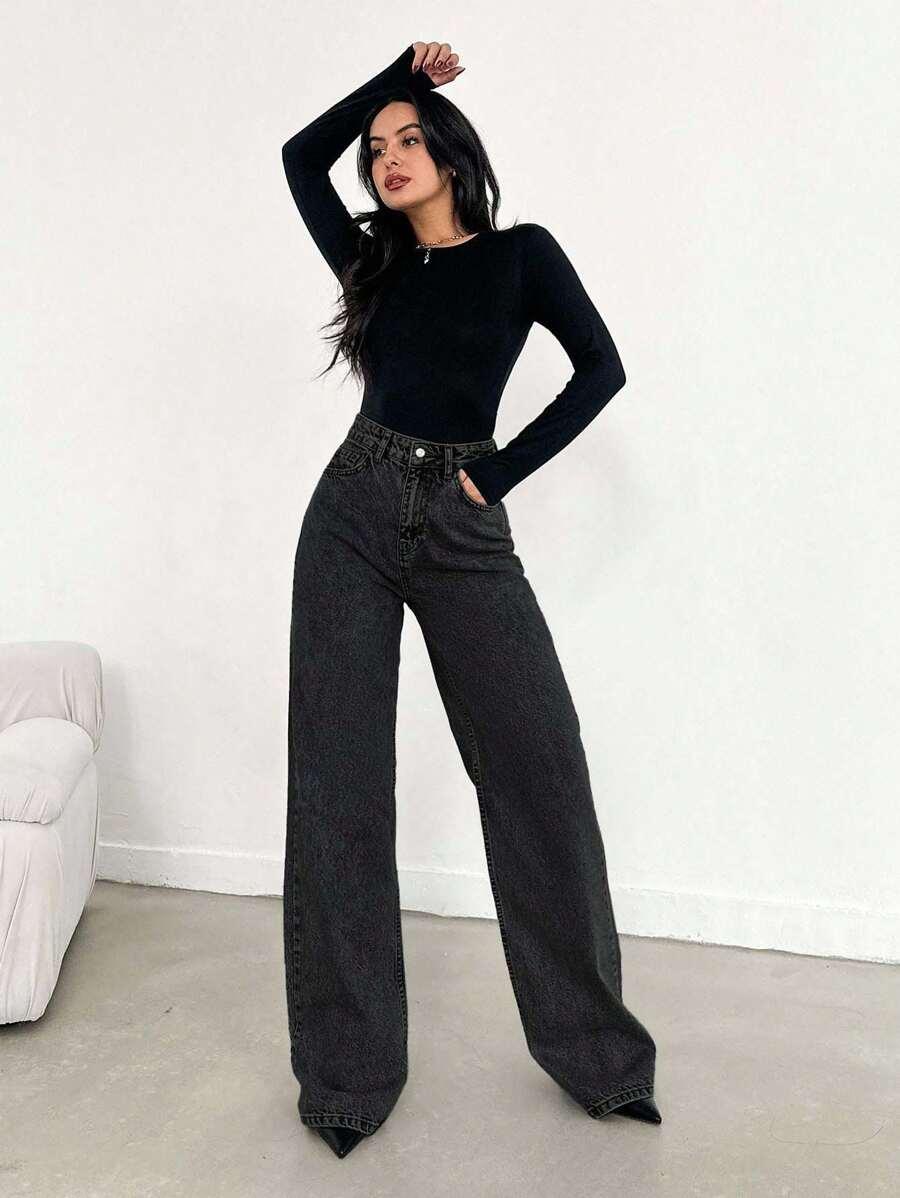 SZARE SPODNIE JEANS WYSOKI SATN