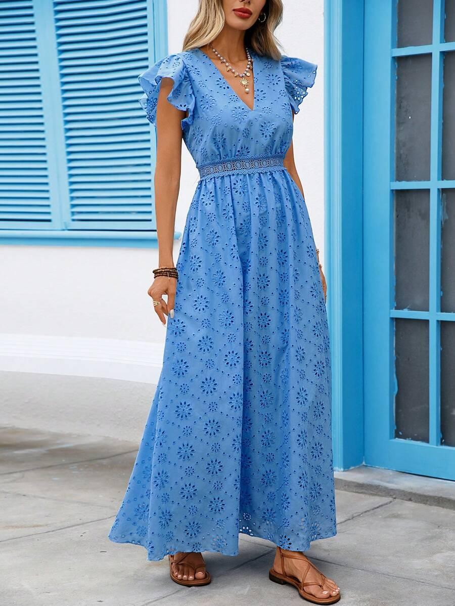 niebieska maxi sukienka v-neck