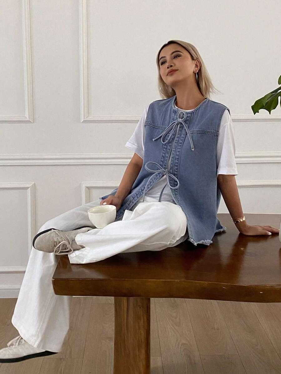 NIEBISKA KAMIZELKA JEANS WIĄZANIE