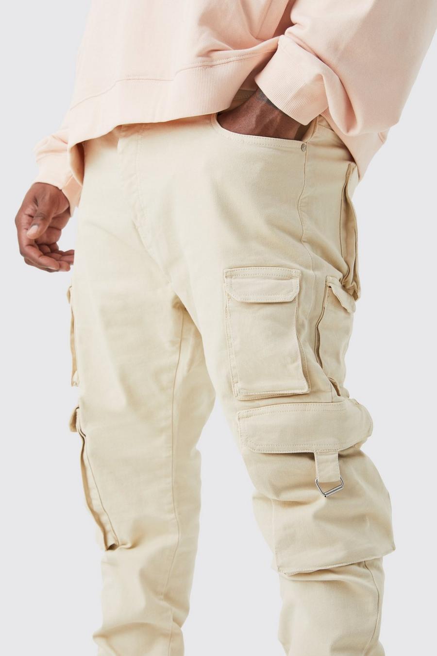 beżowe spodnie jeans bojówki kieszenie skinny