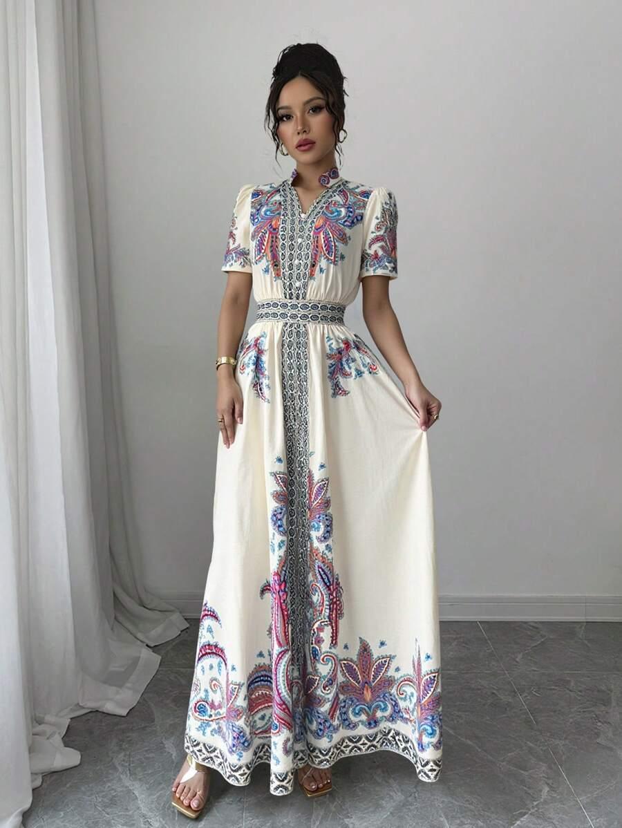 maxi sukienka krótki rękaw v neck wzór
