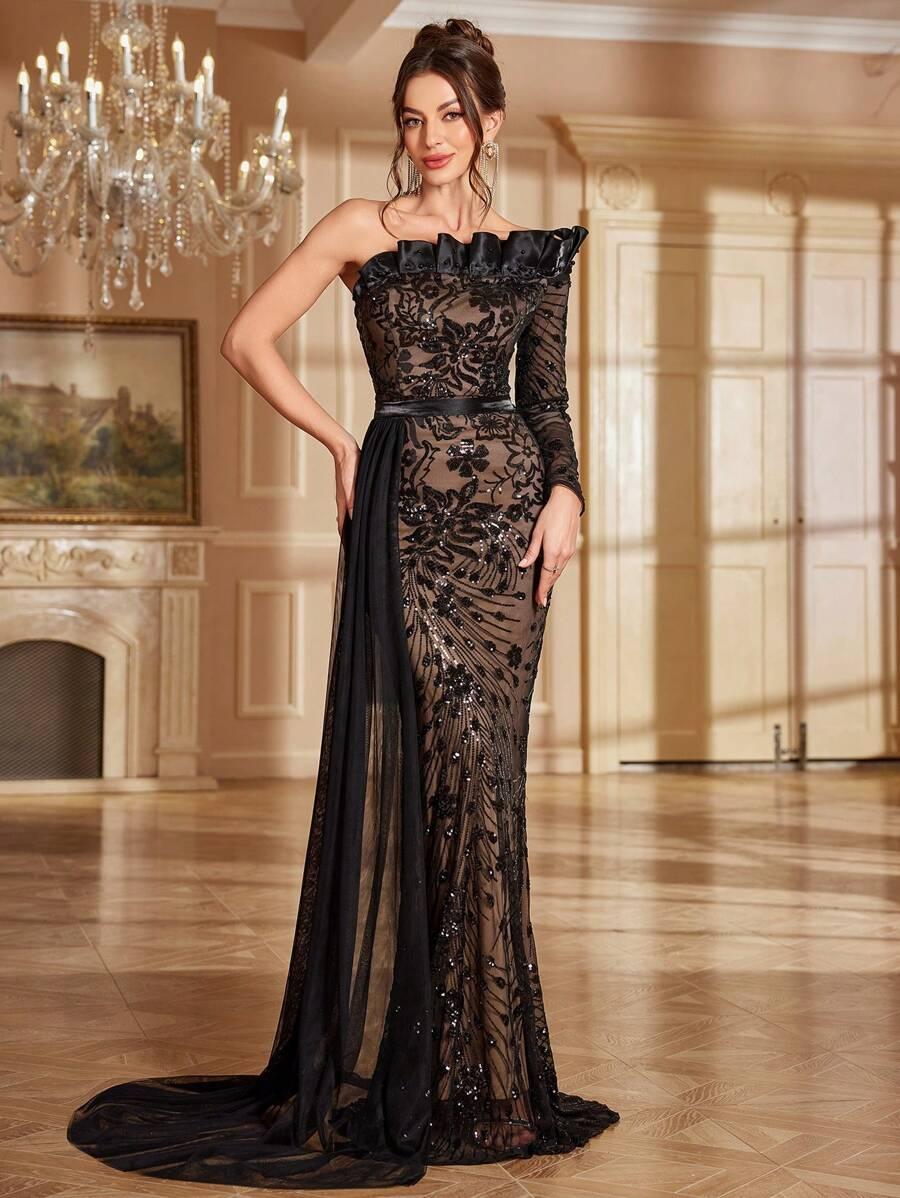 CZARNA MAXI SUKIENKA ZDOBIENIE