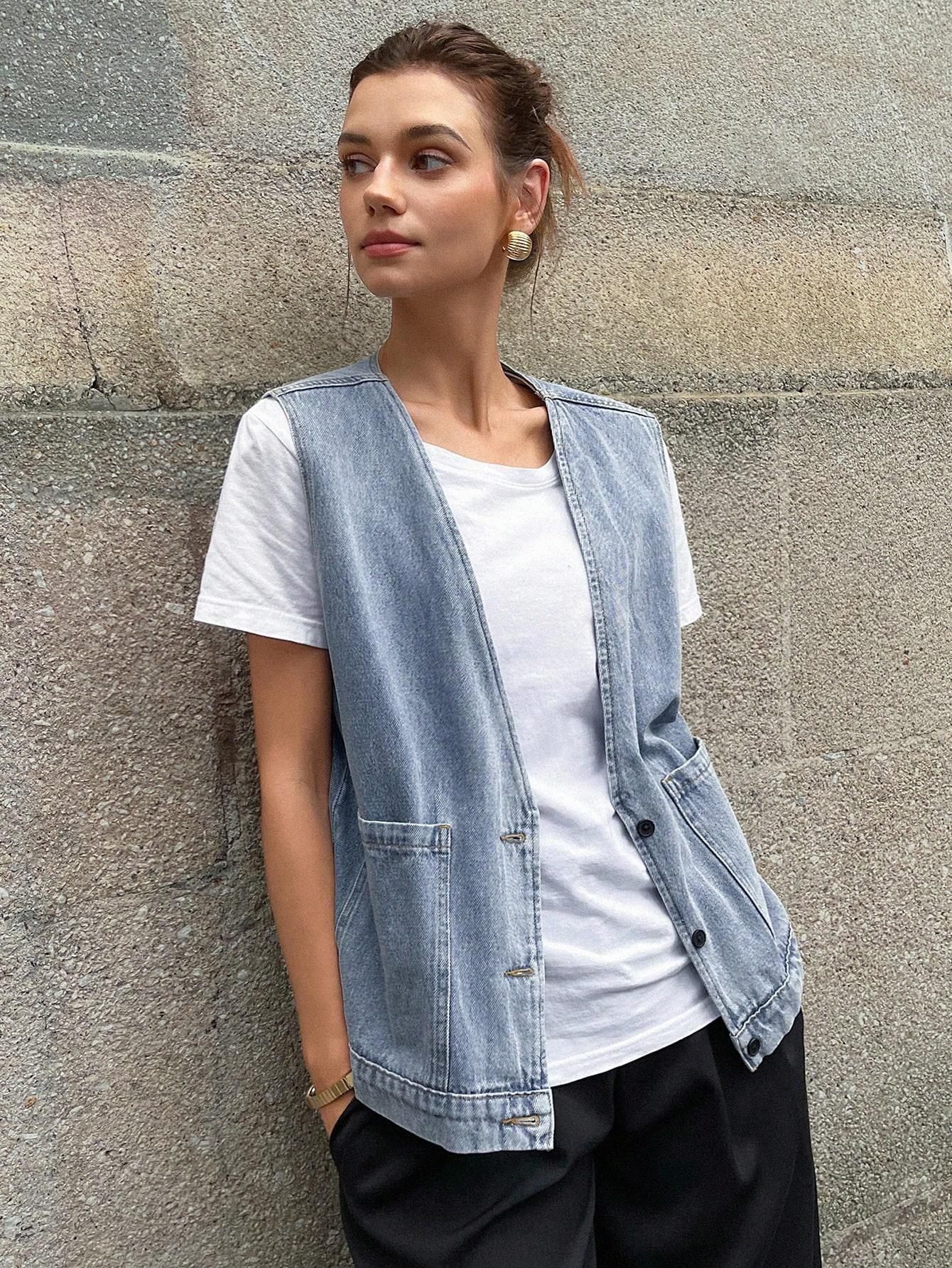niebieska kamizelka jeans guziki