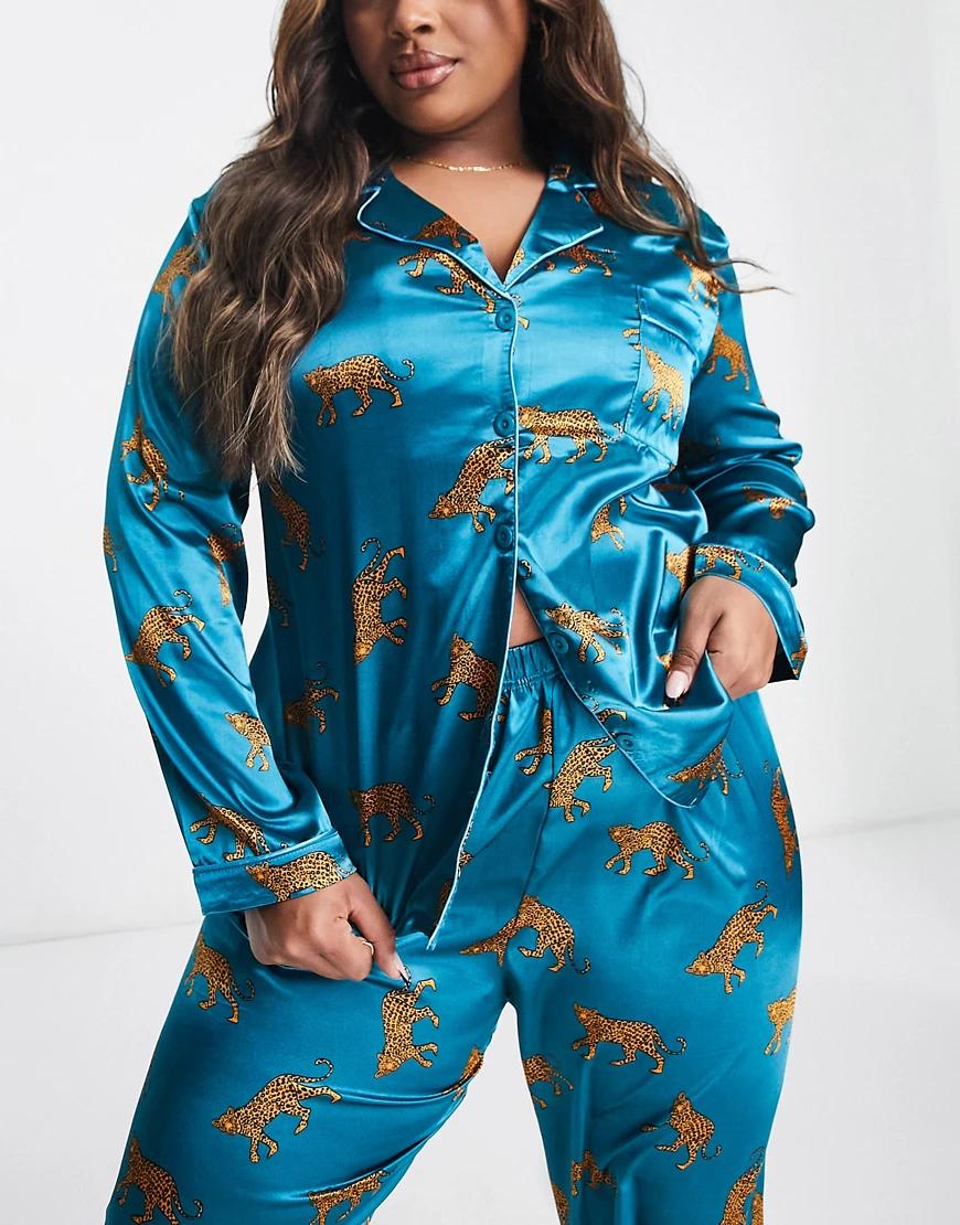 niebieskie spodnie od piżamy satyna animal print