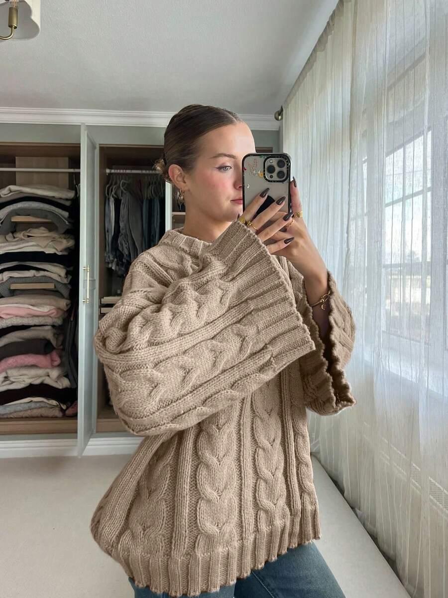 BEŻOWY SWETER OKRĄGŁY DEKOLT 