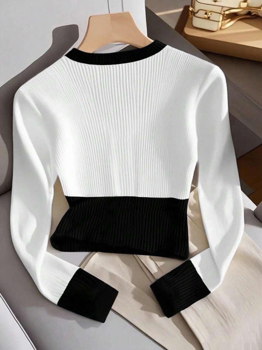 bluzka guziki v-neck kontrast