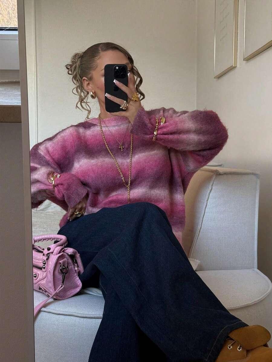 RÓŻOWY SWETER W PASKI DOMIESZKA WEŁNY
