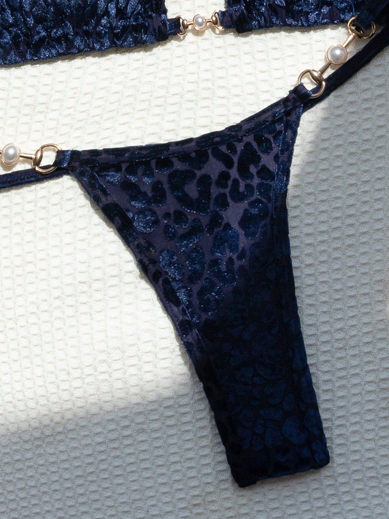 granatowy komplet bikini print 