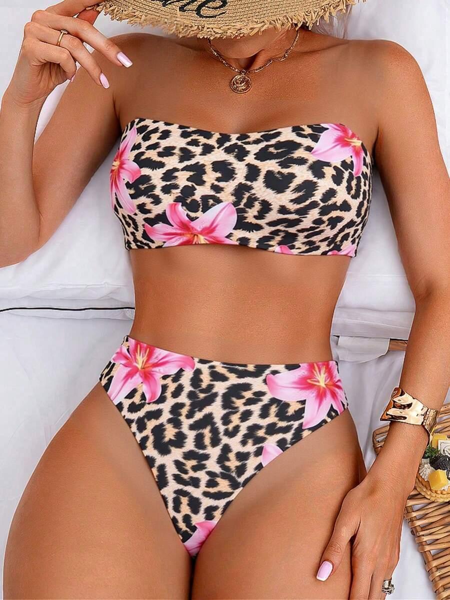 DWUCZĘŚCIOWY STRÓJ KĄPIELOWY ANIMAL PRINT KWIATY 