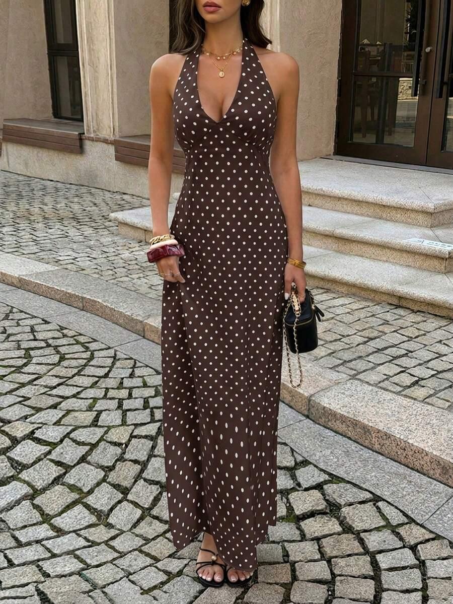 brązowa sukienka maxi w groszki