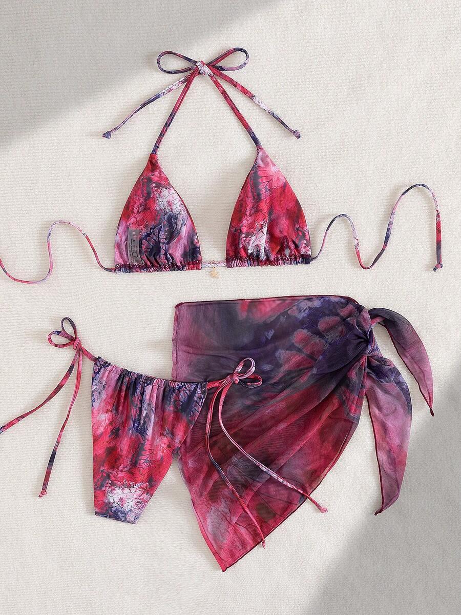 trzyczęściowy komplet bikini pareo wzór