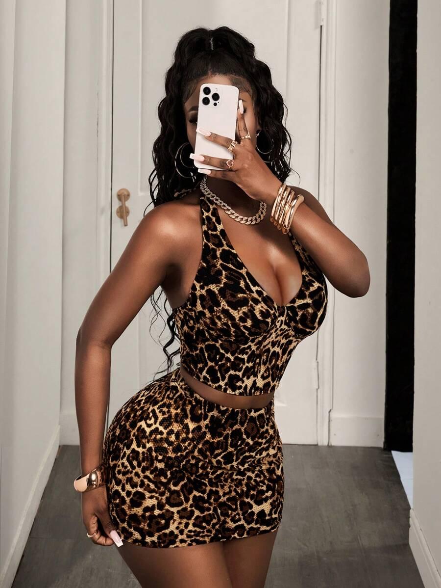 komplet top spódnica animal print 