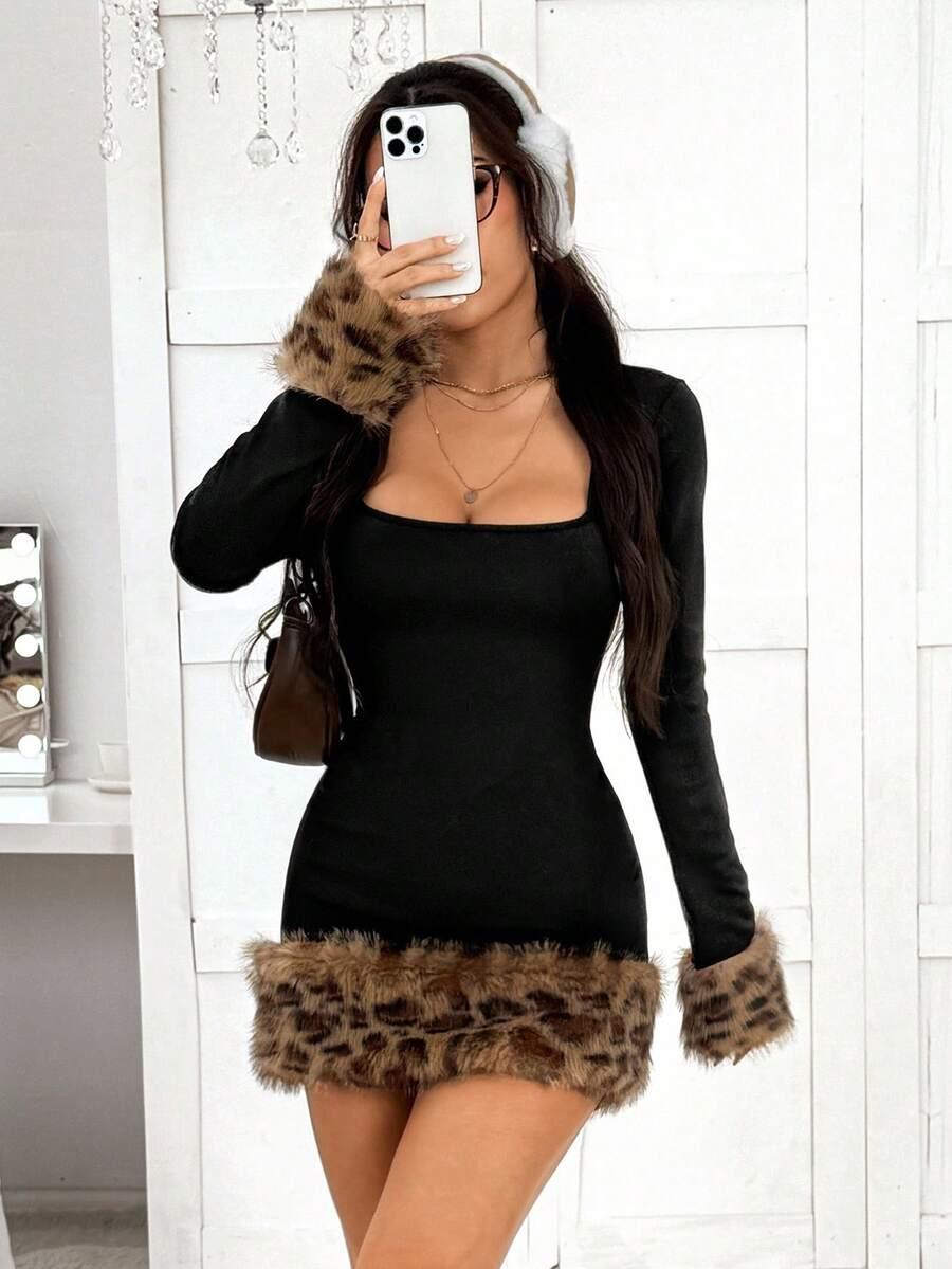 ołówkowa czarna mini sukienka animal print