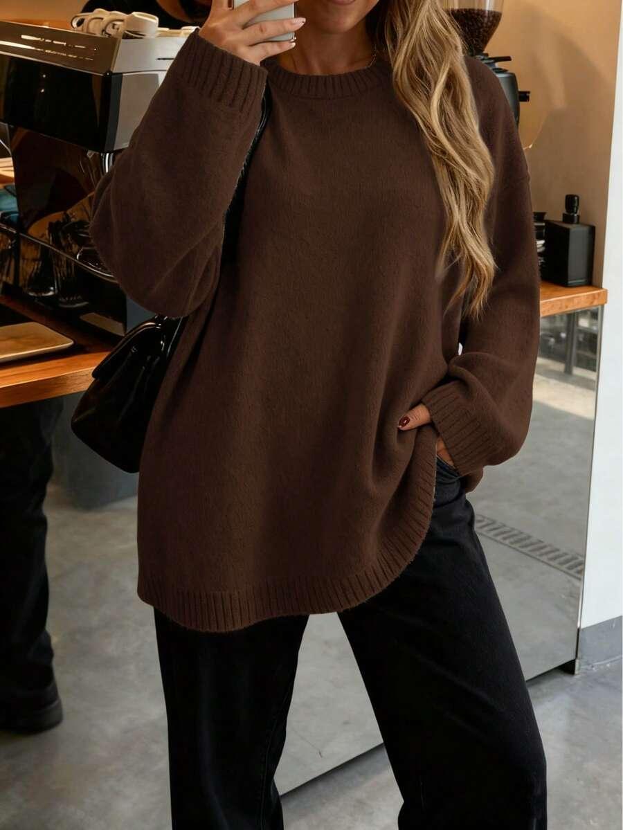 BRĄZOWY SWETER OKRĄGŁY DEKOLT 