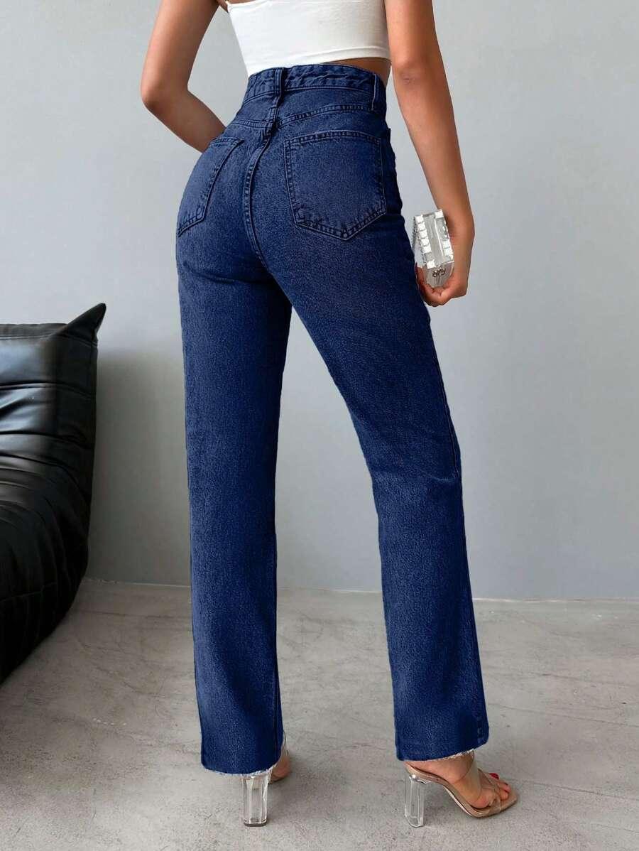 granatowe proste spodnie jeans kieszenie