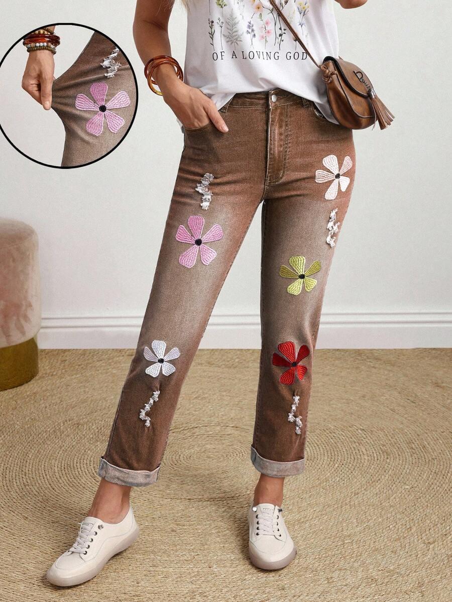 BRĄZOWE SPODNIE JEANS HAFT