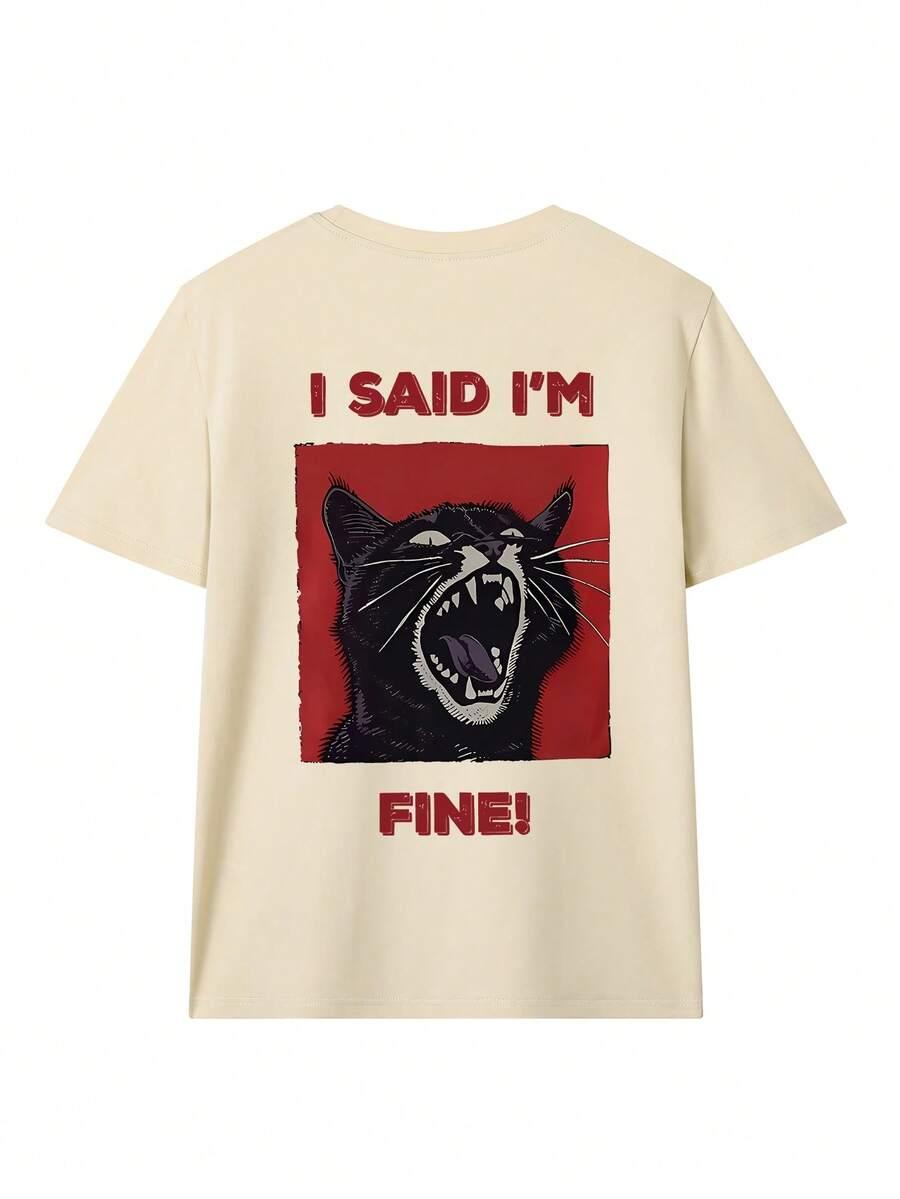 beżowy t-shirt okrągły dekolt nadruk