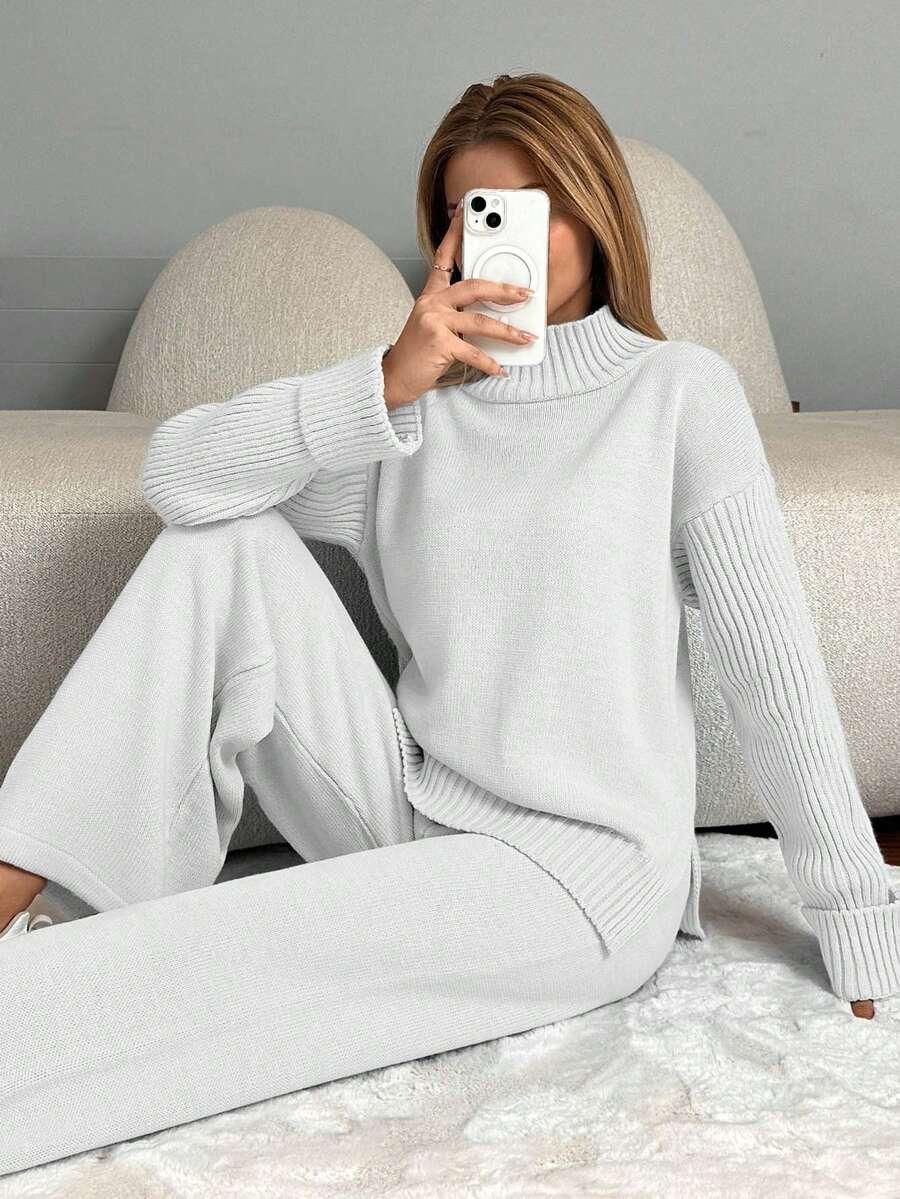 kremowy komplet sweter spodnie