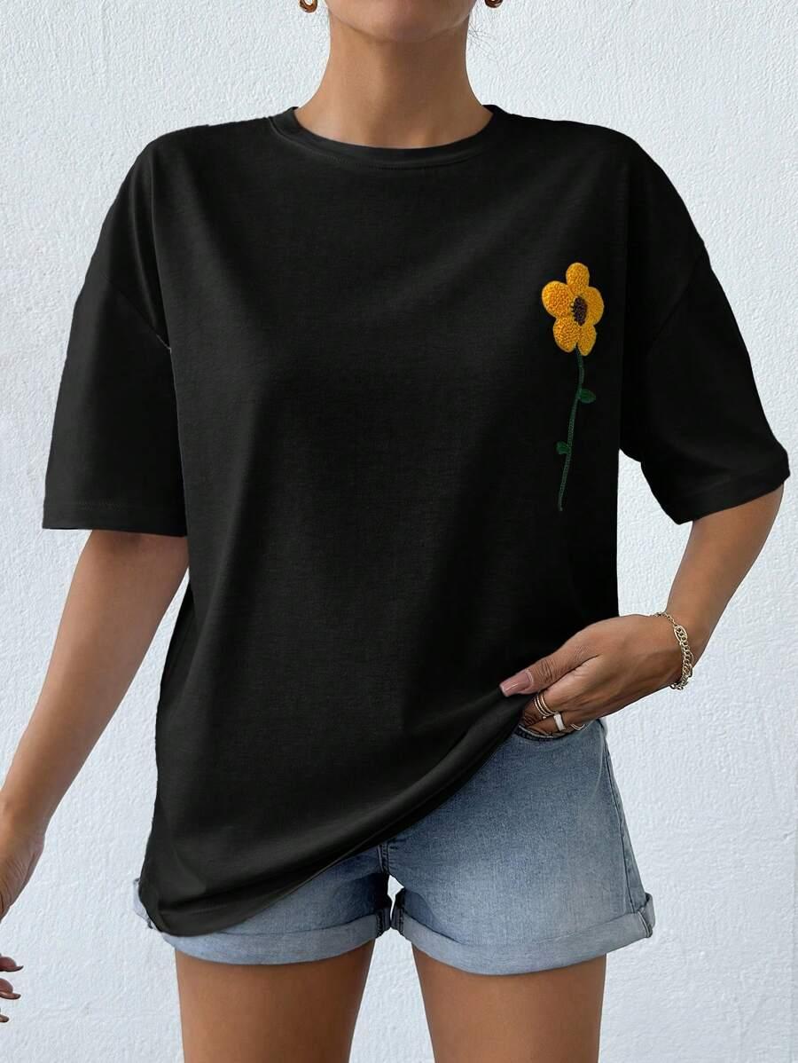 CZARNY T-SHIRT HAFT KWIAT