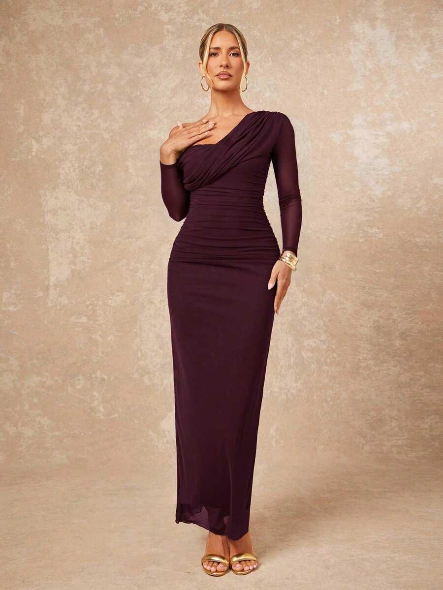 ASYMETRYCZNA MAXI SUKIENKA OŁÓWKOWA GLAMOUR