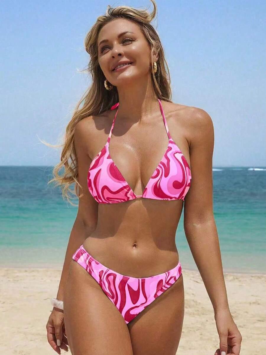 KOMPLET BIKINI WIĄZANY Z WZOREM SPODENKAMI