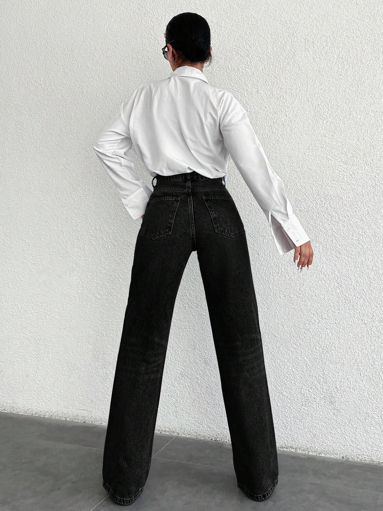 CZARNE SPODNIE JEANS PROSTA NOGAWKA KIESZENIE ZAMEK