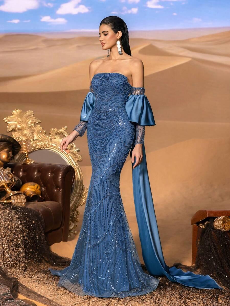 niebieska maxi sukienka zdobienia