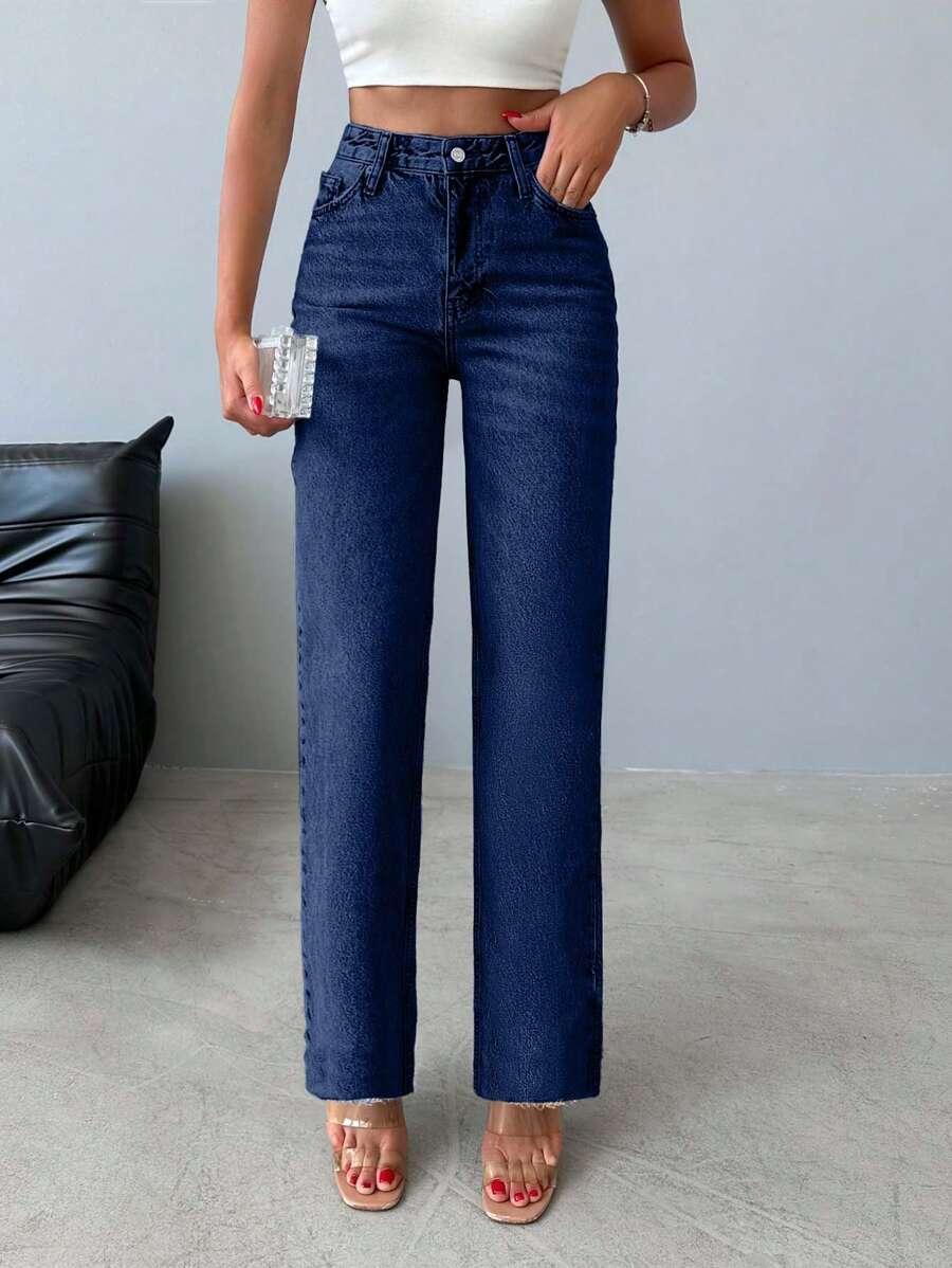 granatowe proste spodnie jeans kieszenie
