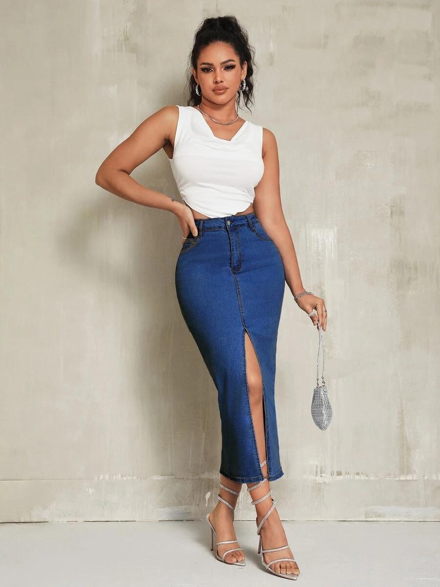 spódnica jeans rozcięcie zamek kieszenie
