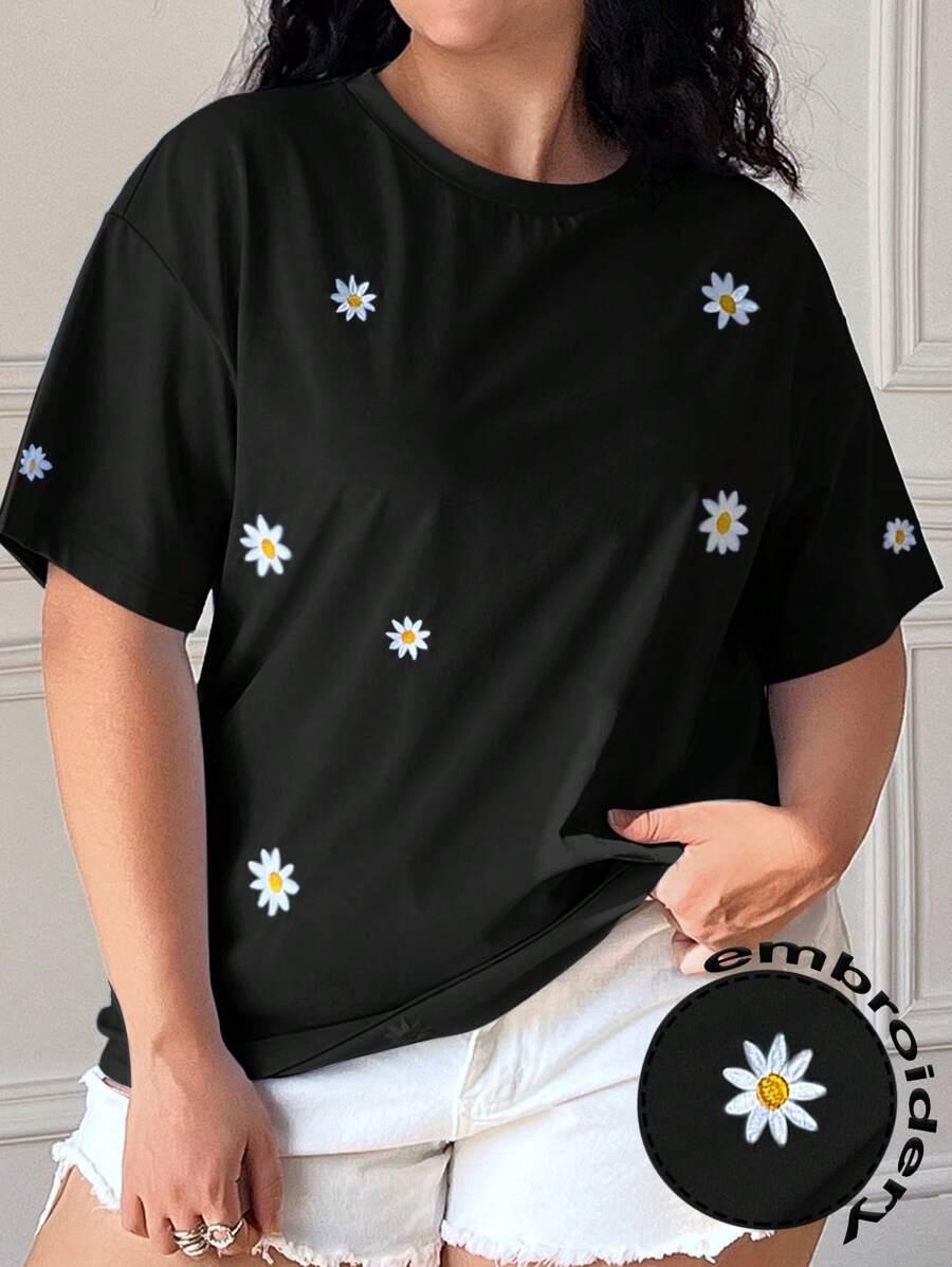 CZARNY T-SHIRT OKRĄGŁY DEKOLT KWIATY HAFT