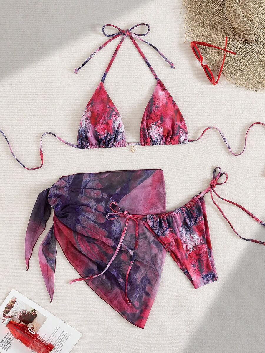 trzyczęściowy komplet bikini pareo wzór