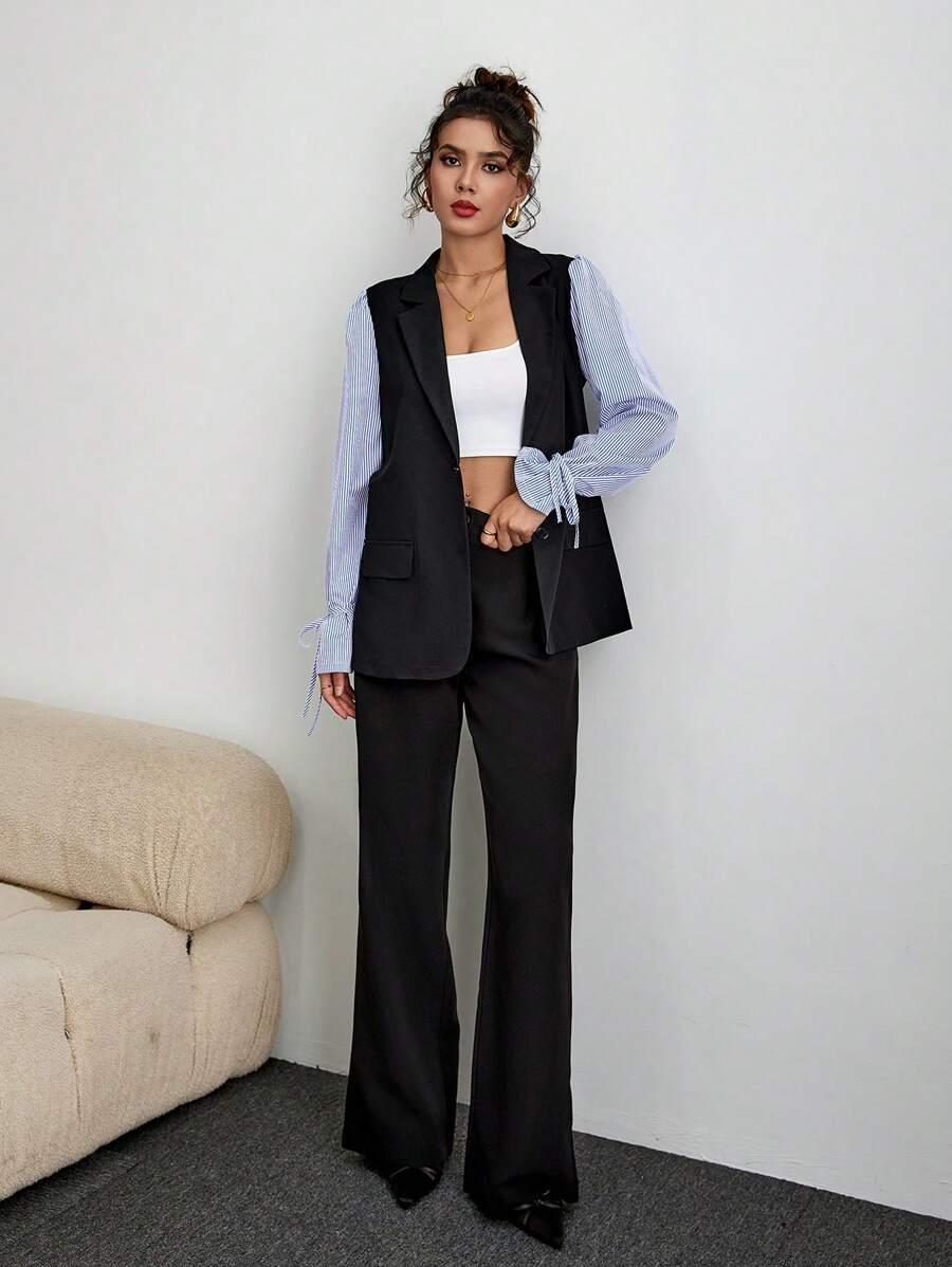 ELEGANCKA KOSZULA DAMSKA V-NECK W PASKI DŁUGI