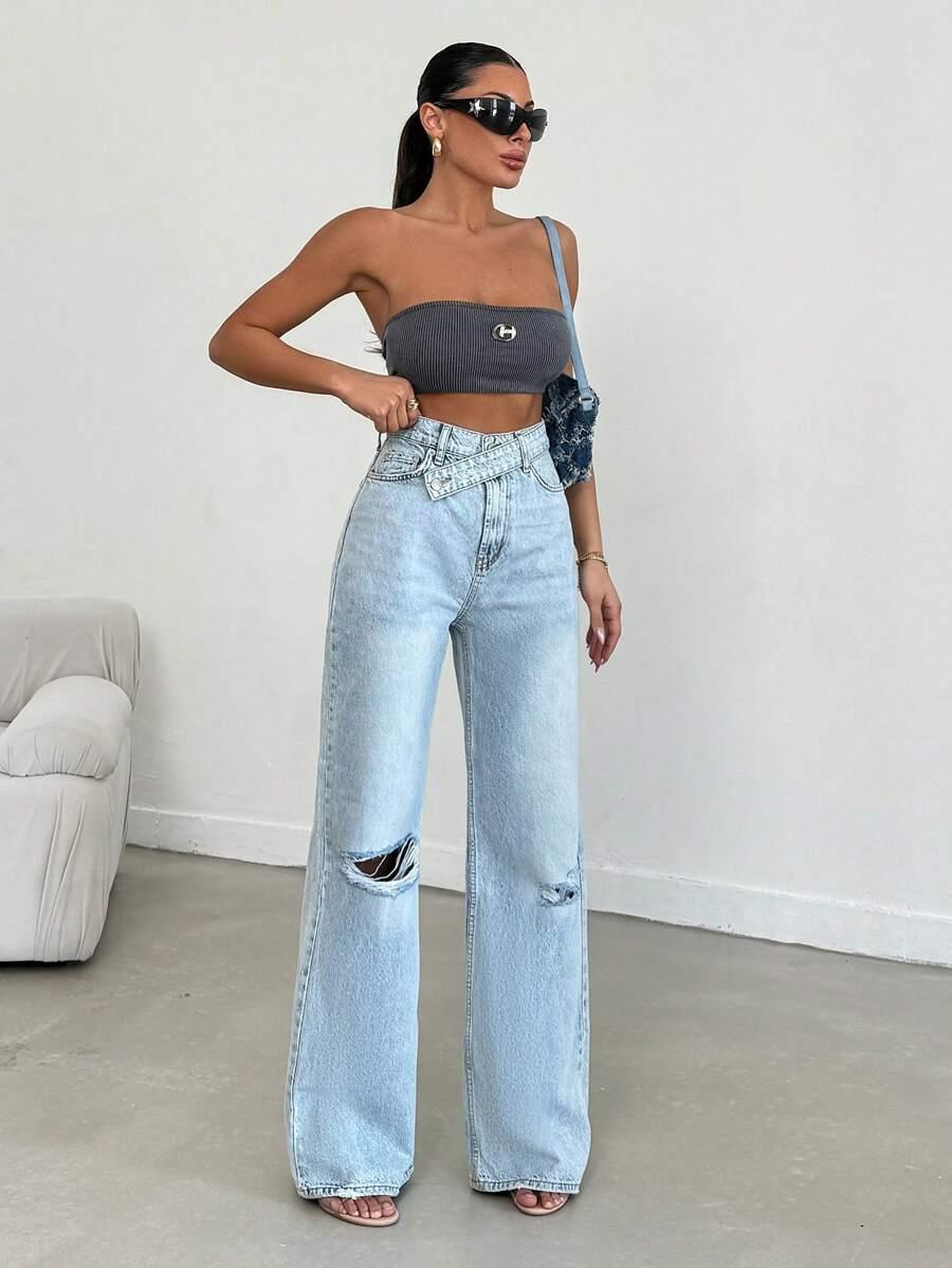 spodnie jeans prosta nogawka przetarcia