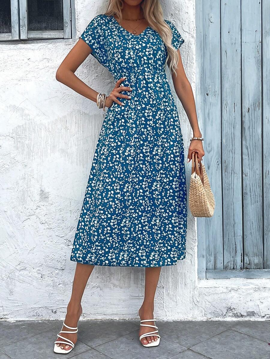 midi sukienka nadruk v neck