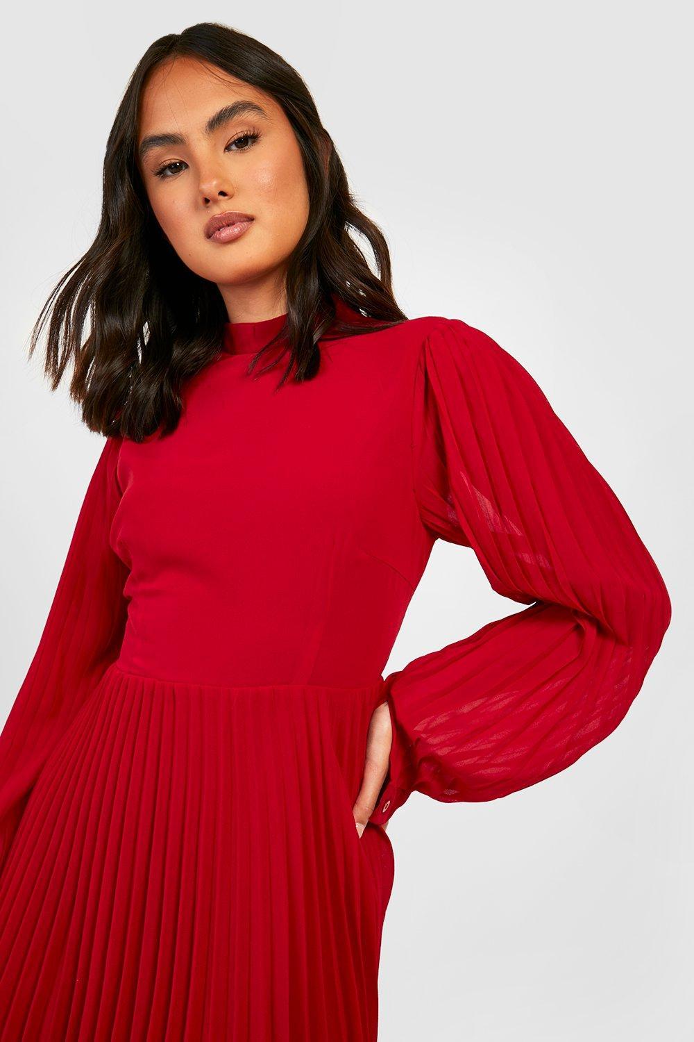 czerwona mini sukienka plisy stójka długi rękaw