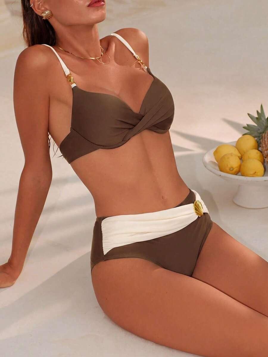 brązowy komplet bikini kontrast