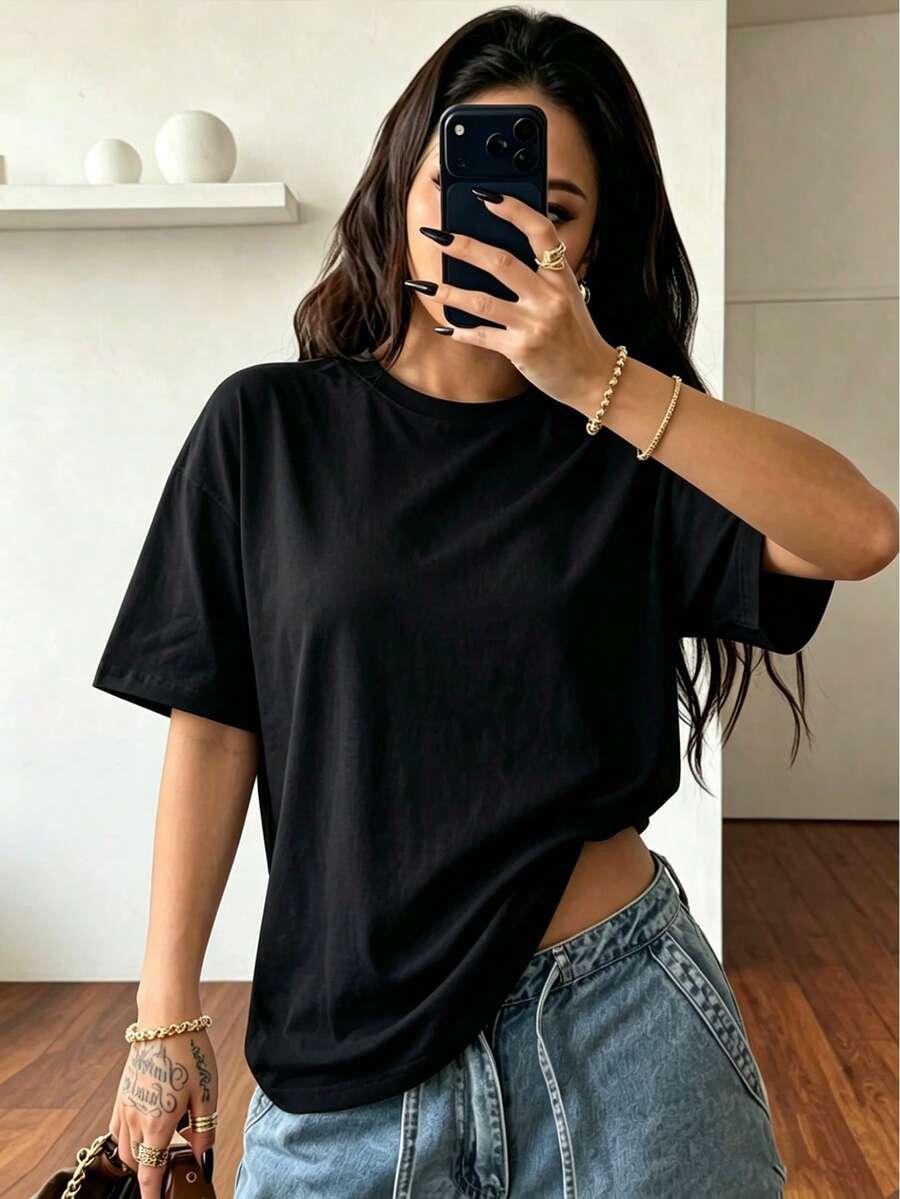 czarny t-shirt oversize okrągły dekolt