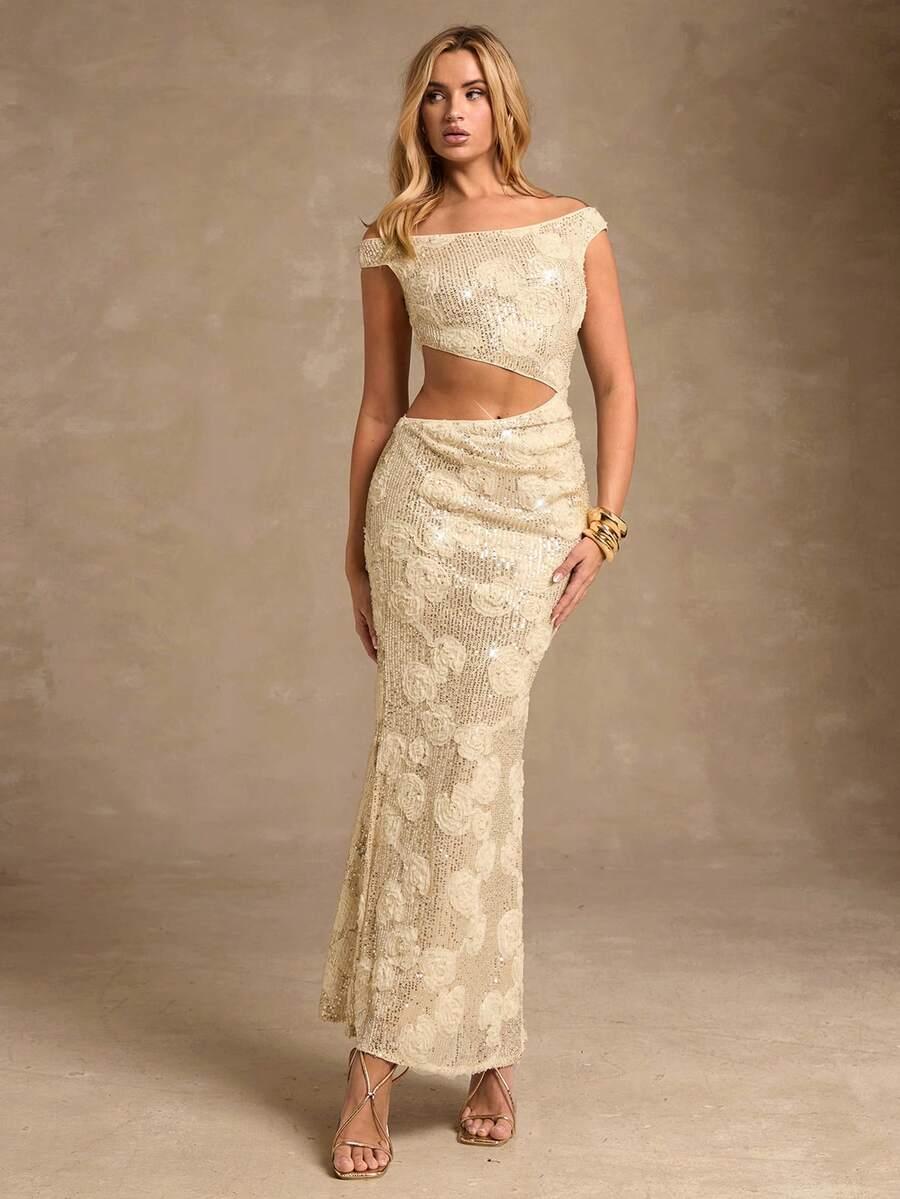 ELEGANCKA SUKIENKA MAXI CEKINY WYCIĘCIE 